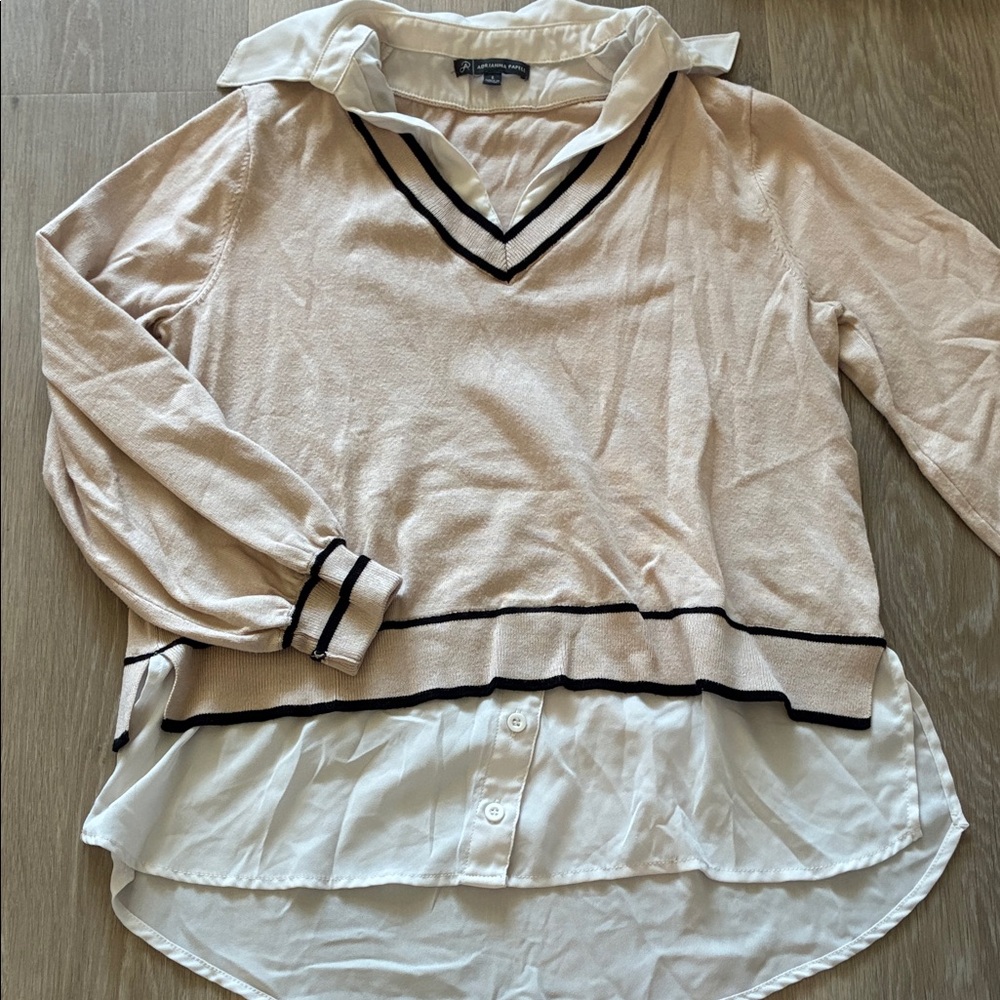 Beige V-Neck Sweater with White Layered Shirt